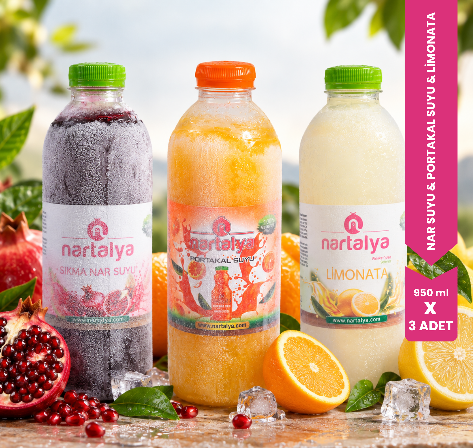 Nartalya Karışık 3'lü Paket Sıkma Meyve Suyu (Nar, Portakal Suyu ve Limonata)